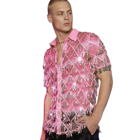 Pink Sequined Fringe Sheer Short Sleeve Party Festival Unisex Snap Shirt Size XL - Picture 6 of 11